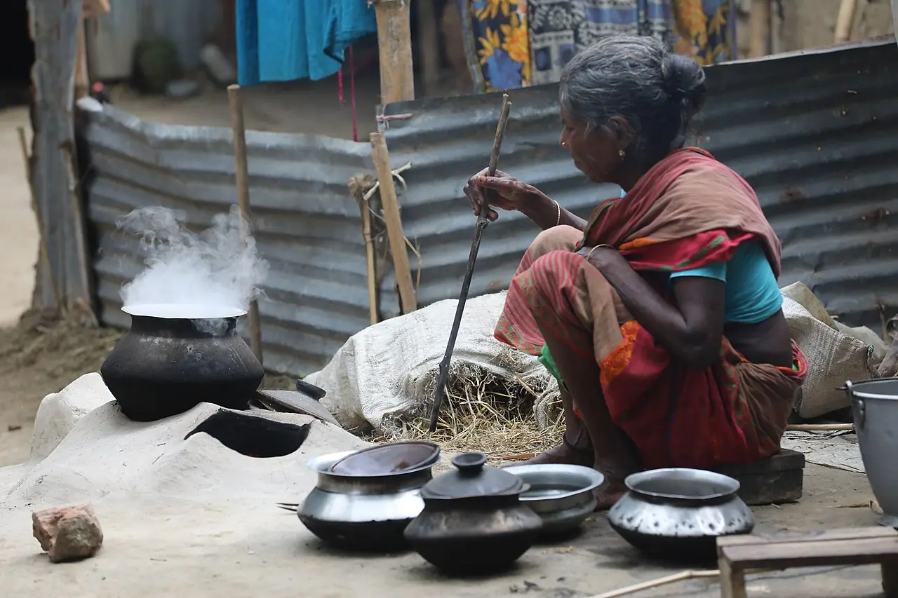 A Bangladeshi homemaker in a red sari cooking on a traditional clay stove